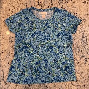 Lilly Pulitzer Still Pulitzer Collection Blue Floral Short Sleeve Tee Medium